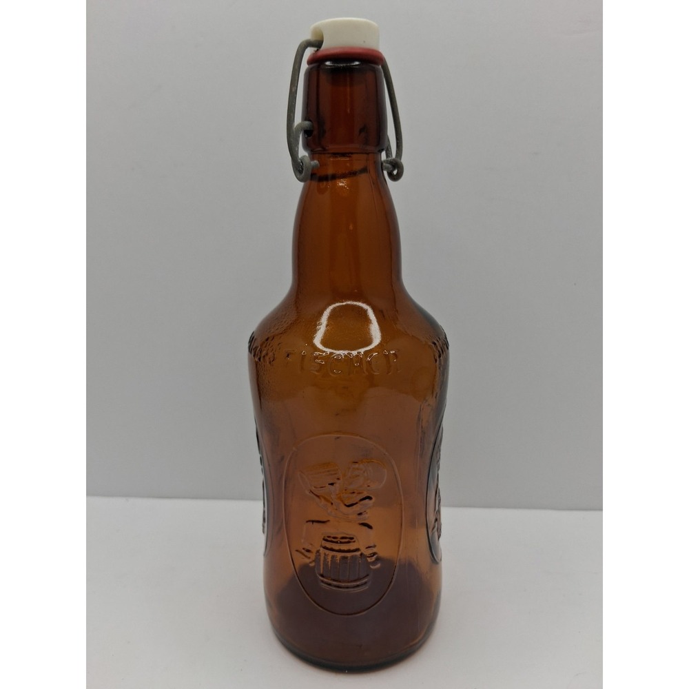 Vintage Amber Glass Swing Top Bottle Embossed Design Beer Soda 10"